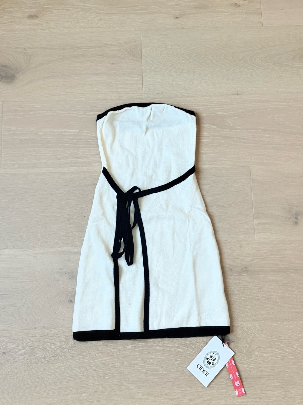 White Strapless Knit Dress with Black Trim
